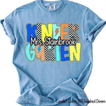 Custom Kindergarten Teacher Tee – Comfort Colors 1717 (Washed Denim)