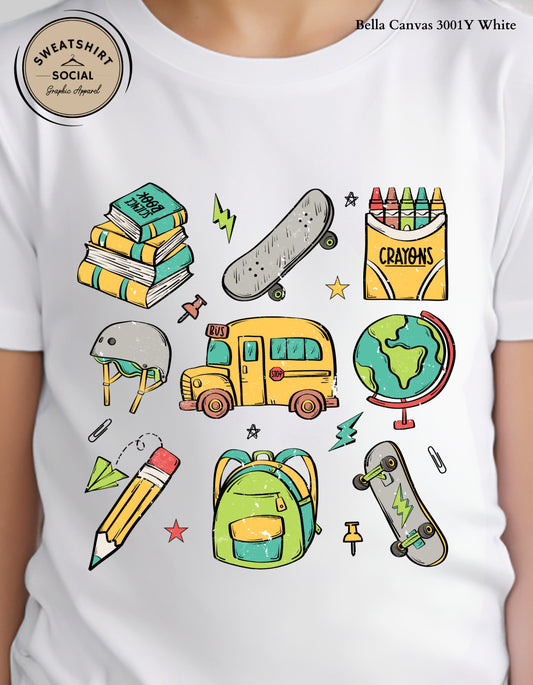 Skater School Supplies Shirt – Colorful Back to School Tee for Kids (Youth & Toddler Sizes)