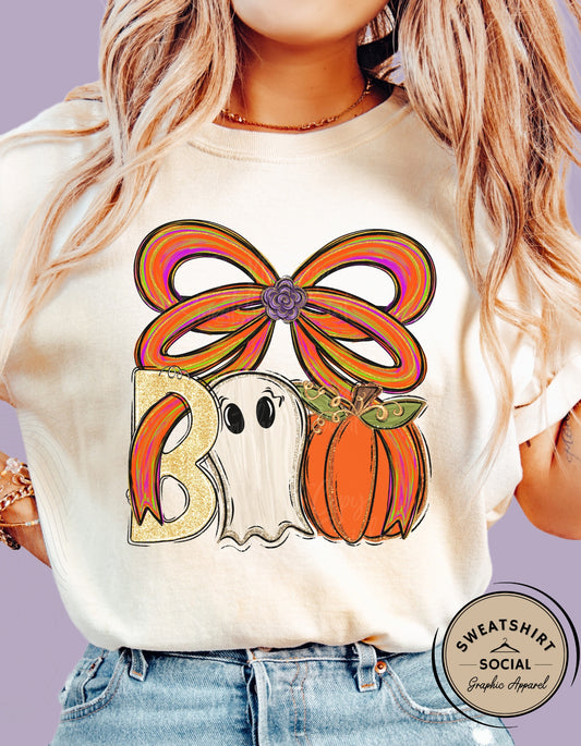 Boo Bow Halloween Shirt – Fun Ghost & Pumpkin T-Shirt and Sweatshirt (Adult Sizes)