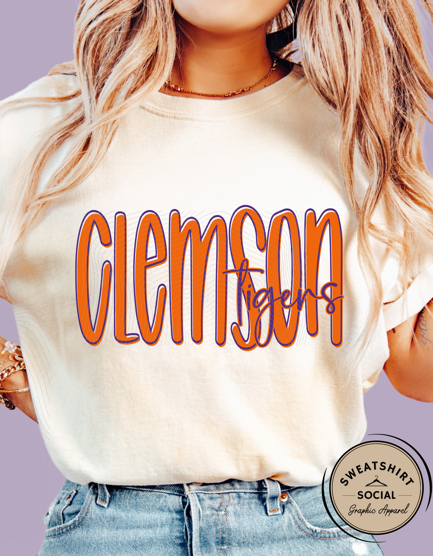 Clemson Tigers Lettered Look Tee or Sweatshirt – Orange & Purple (Adult Sizes)
