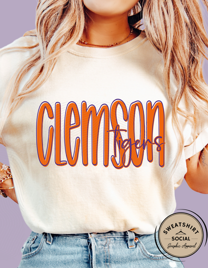 Clemson Tigers Lettered Look Tee or Sweatshirt – Orange & Purple (Adult Sizes)