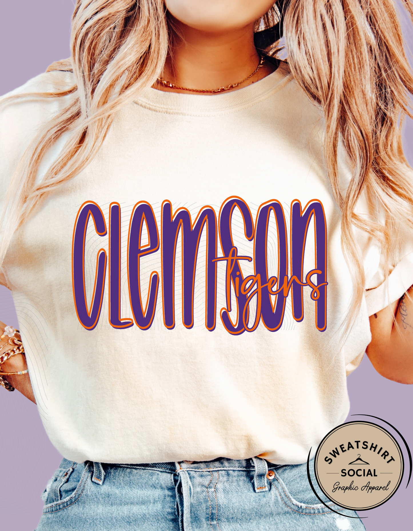 Clemson Tigers Lettered Look Tee or Sweatshirt – Purple & Orange (Adult Sizes)