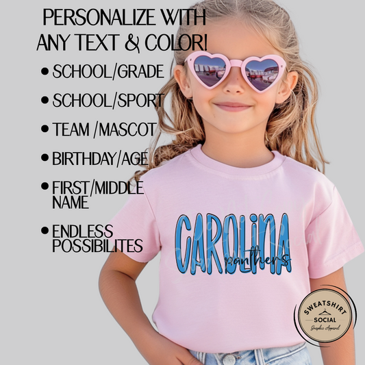 Kids Custom Lettered Look Tee or Sweatshirt – Personalized Name, Team, or Phrase (Toddler & Youth Sizes)