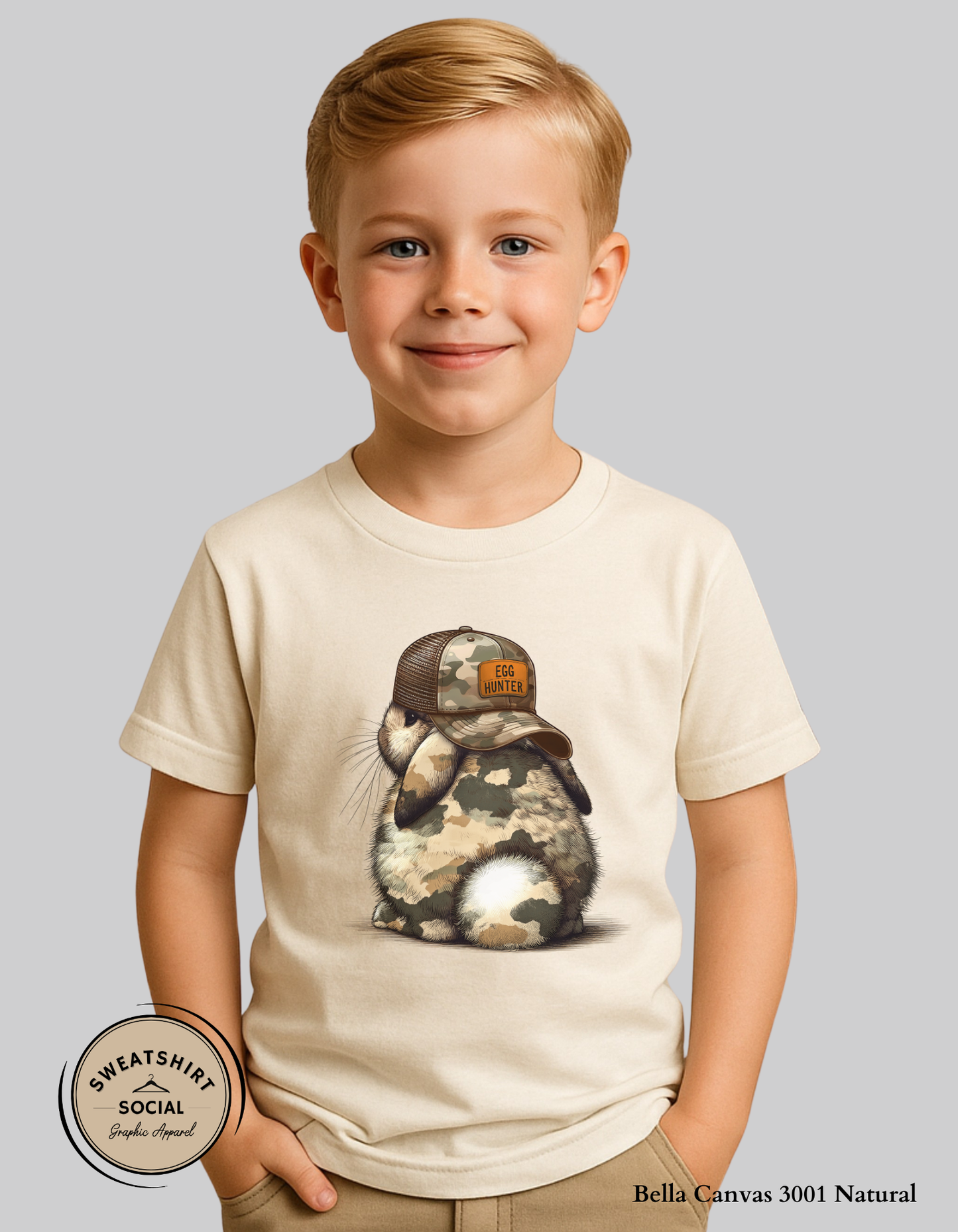 Egg Hunter Bunny T-Shirt or Sweatshirt for Kids – Personalized Camo Easter Rabbit Design (Infant–Youth Sizes)