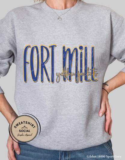 Fort Mill Yellow Jackets Lettered Look Tee or Sweatshirt – Blue & Yellow (Adult Sizes)