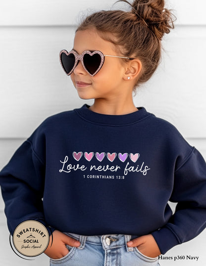 Love Never Fails White Valentine Shirt for Kids – 1 Corinthians 13:8 Design (Infant–Youth Sizes)