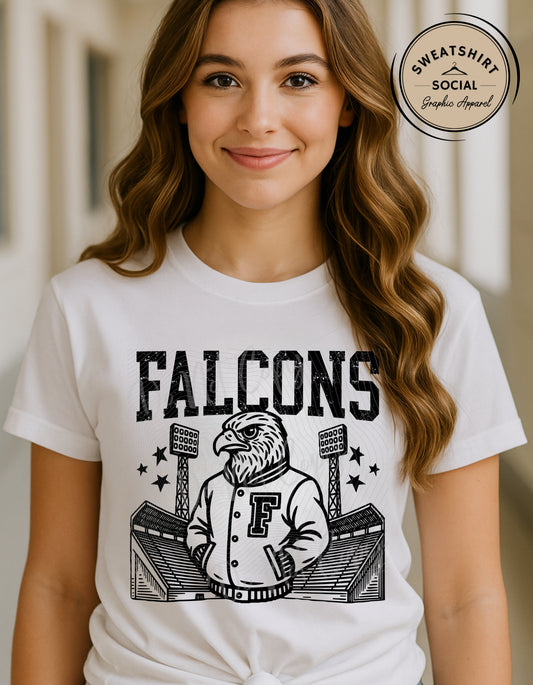 Falcons Mascot Tee or Sweatshirt – Vintage Letterman Style (Adult Sizes)