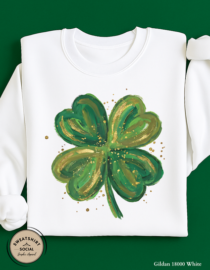Gold Brushstroke Shamrock T-Shirt or Sweatshirt – Artistic St. Patrick’s Day Clover Graphic (Adult Sizes S–2XL)
