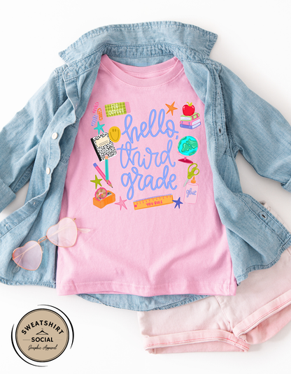 Hello Grade Level Kids Shirt – Colorful Back to School Tee for Pre-K, Kindergarten, 1st–5th Grade