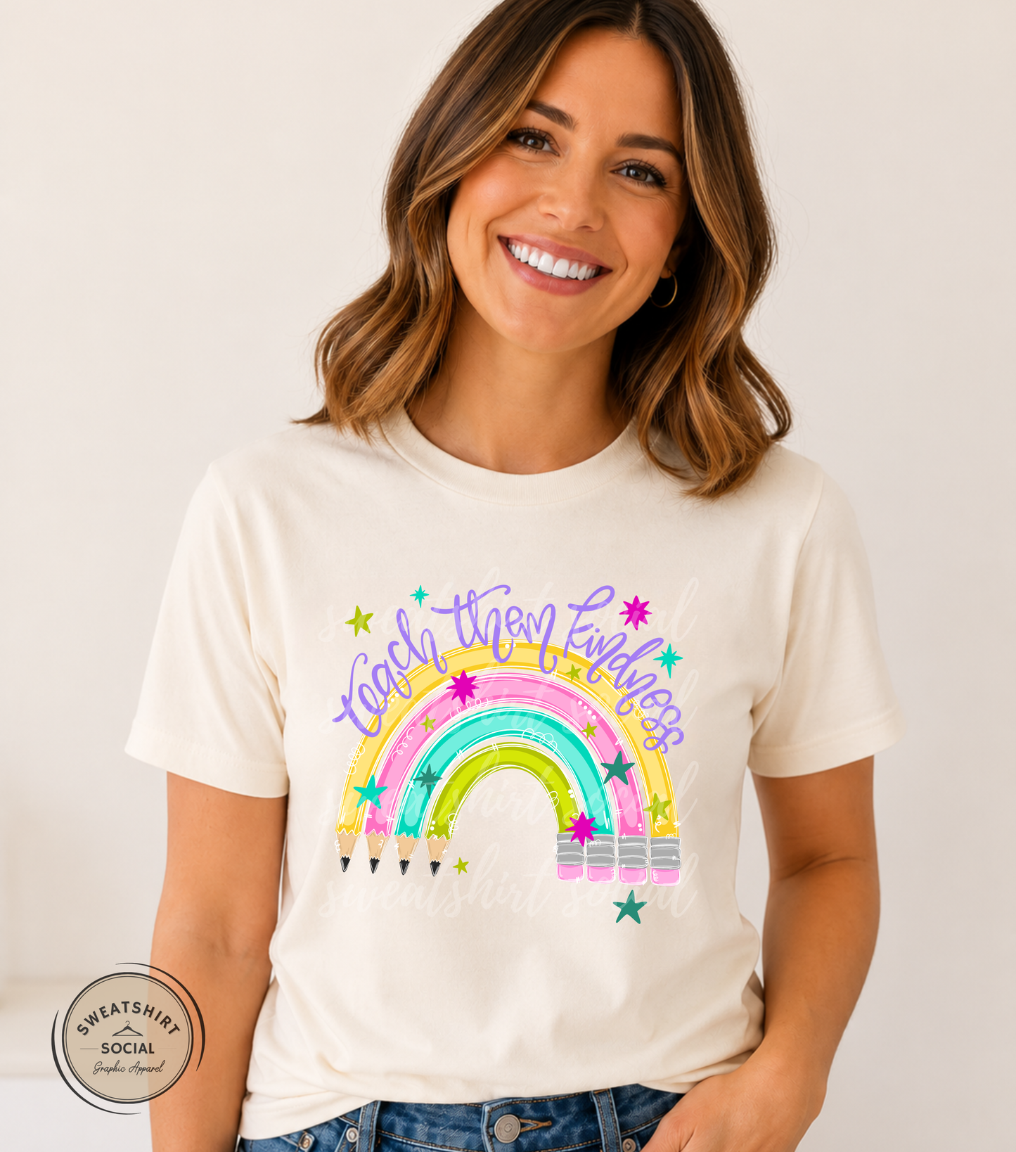 Teach Them Kindness Rainbow Graphic Tee – Colorful Teacher Shirt (Adult Sizes S–3XL)