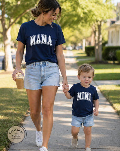 Mama & Mini Matching Shirts or Sweatshirts – Varsity Style Mommy and Me Outfit (Adult + Kids Sizes)