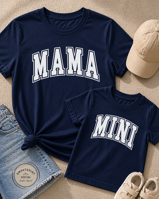 Mama & Mini Matching Shirts or Sweatshirts – Varsity Style Mommy and Me Outfit (Adult + Kids Sizes)