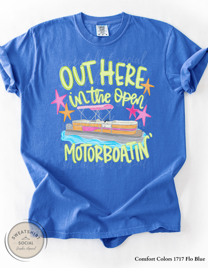 Out Here in the Open Motorboatin’ Graphic Tee – Funny Lake Shirt, Neon Pontoon Boat Summer Tee for Women (Adult Sizes S–2XL)
