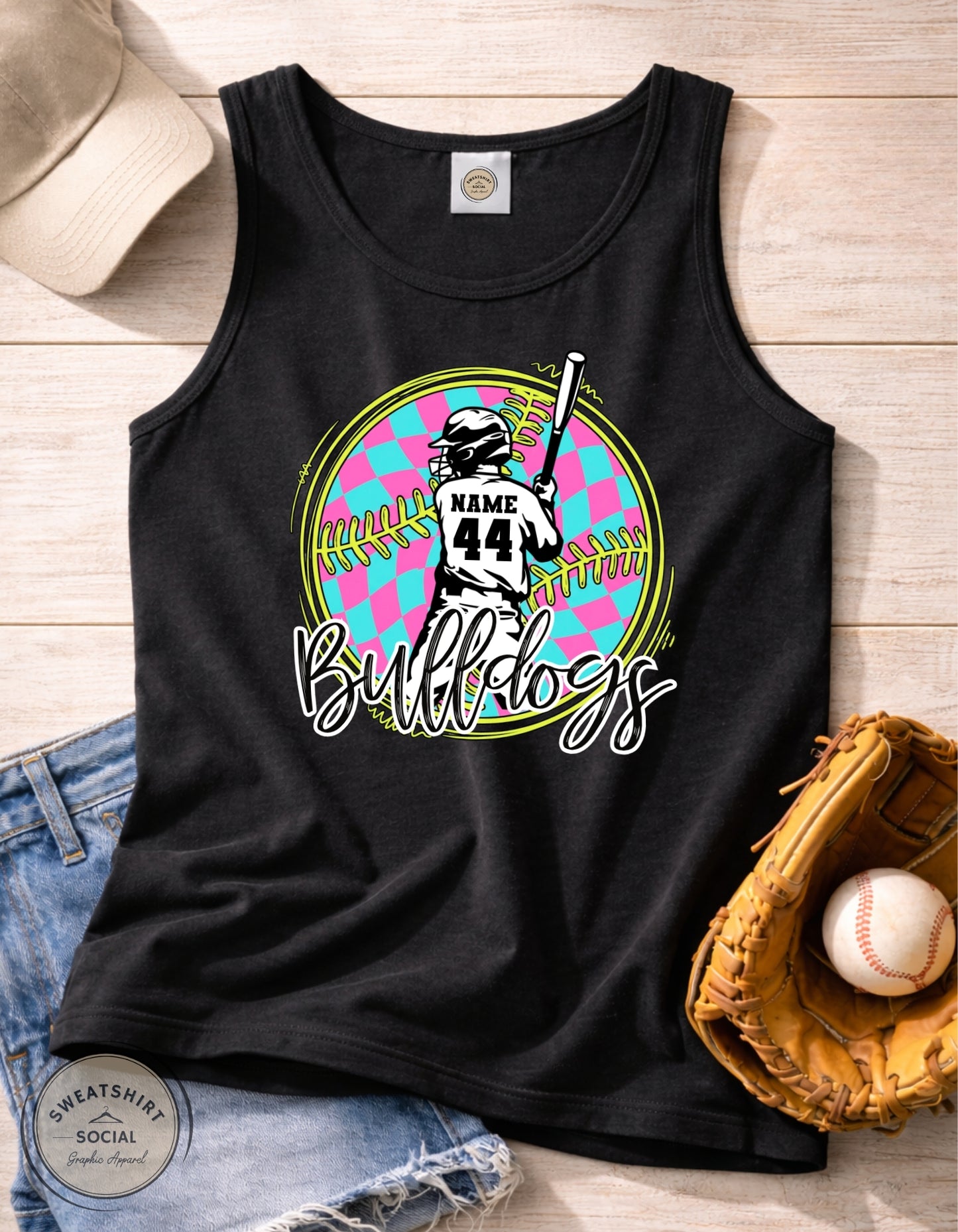 Custom Neon Check Baseball Player Shirt or Tank – Personalized Name & Number Game Day Graphic (Adult Sizes S–2XL)