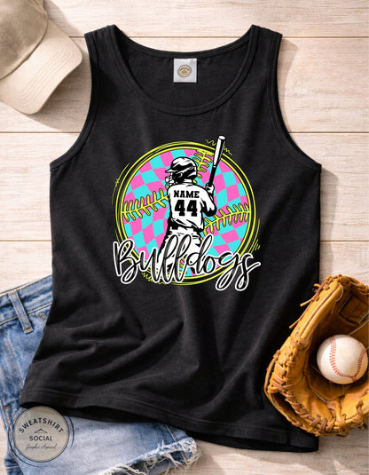 Custom Neon Check Baseball Player Shirt or Tank – Personalized Name & Number Game Day Graphic (Adult Sizes S–2XL)