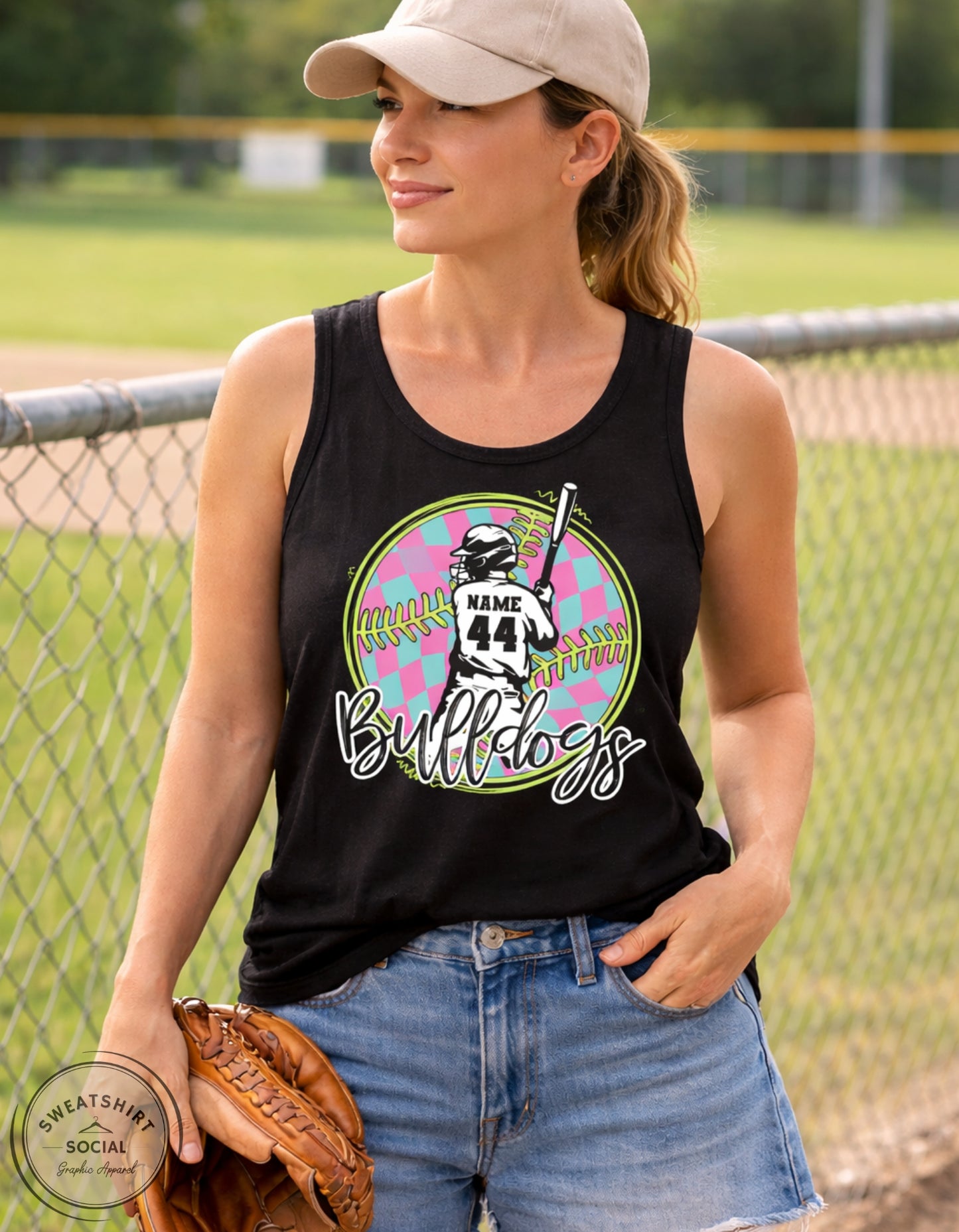 Custom Neon Check Baseball Player Shirt or Tank – Personalized Name & Number Game Day Graphic (Adult Sizes S–2XL)