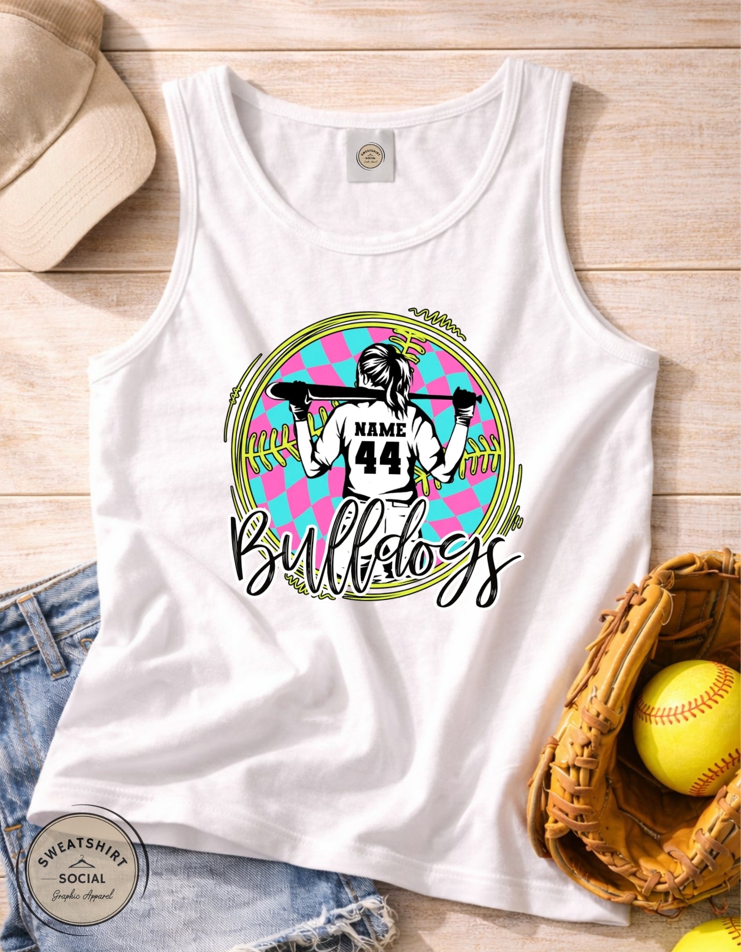Custom Neon Check Softball Player Shirt or Tank – Personalized Name & Number Game Day Graphic (Adult Sizes S–2XL) (Copy)