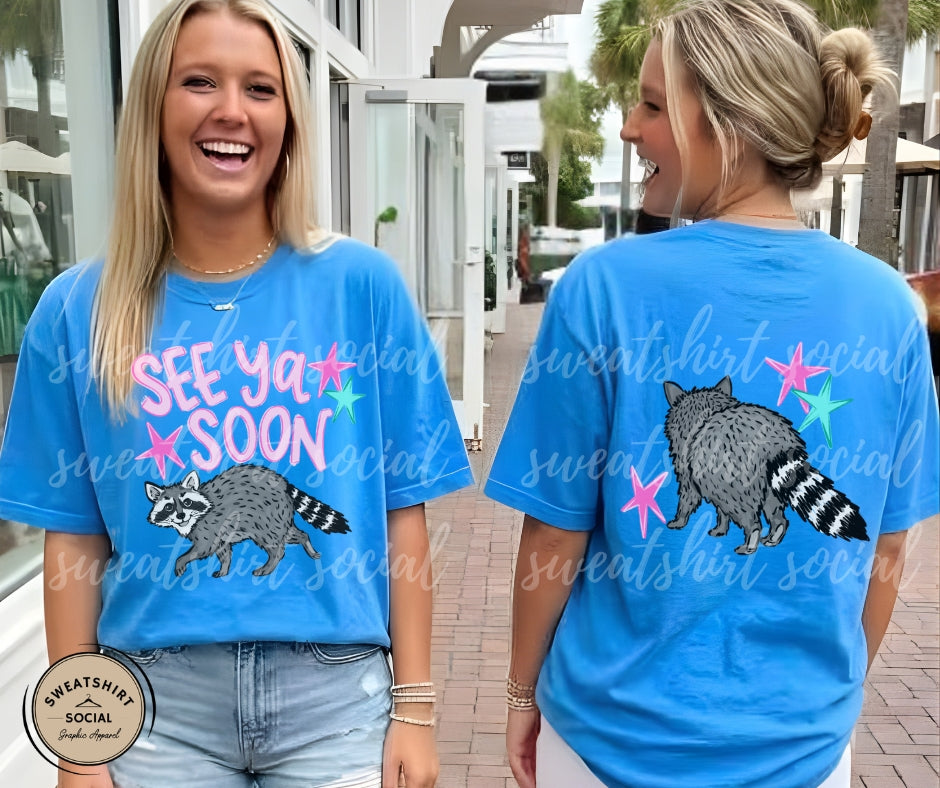 See Ya Soon Raccoon Graphic Shirt – Funny Retro Raccoon Tee or Sweatshirt (Adult Sizes S–2XL)