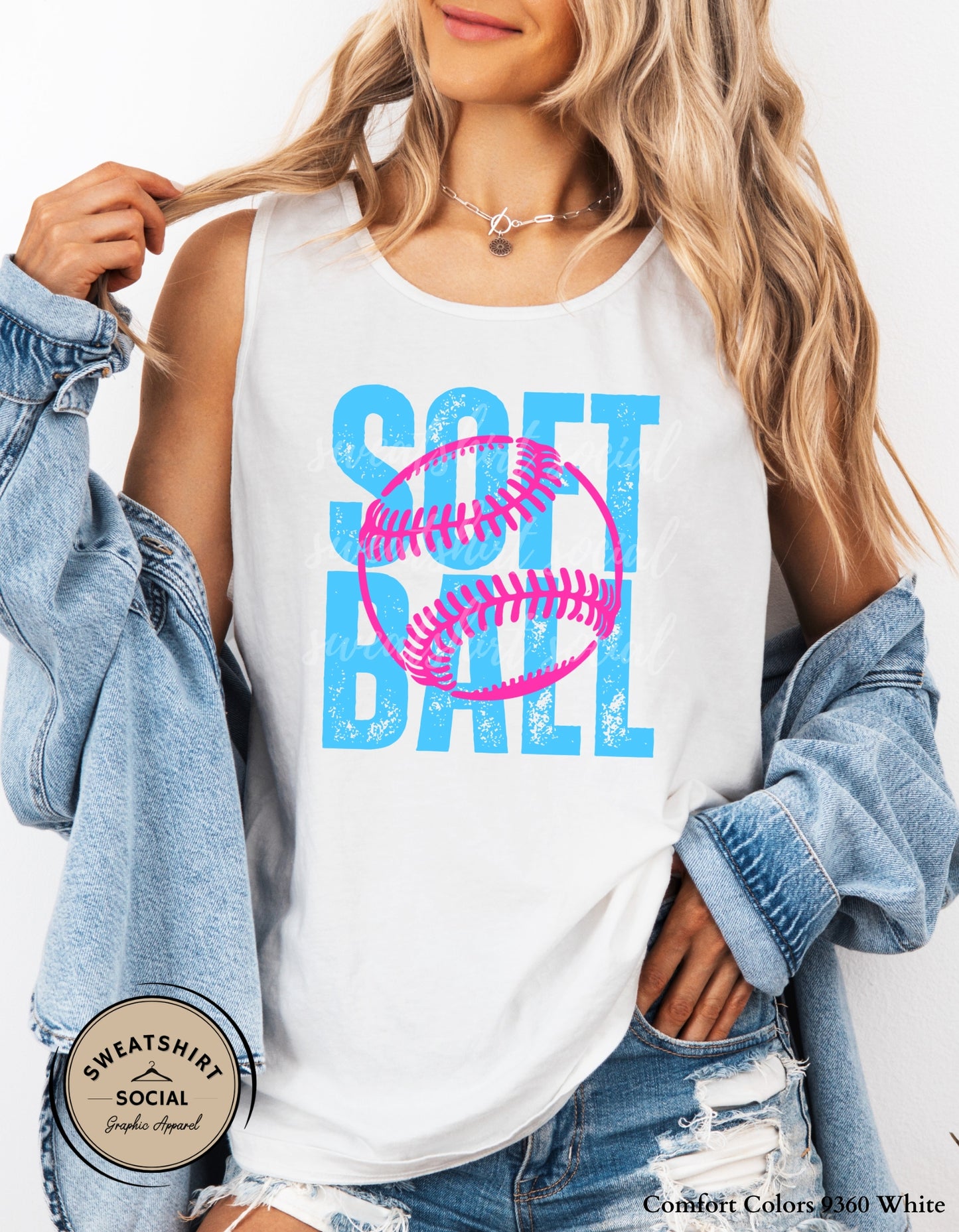 Softball Pink Stitch Graphic Shirt or Sweatshirt – Bright Blue Game Day Softball Tee (Adult Sizes S–2XL)