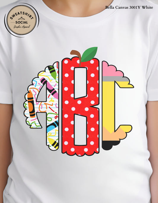 Custom ABC Back to School Shirt – Personalized Kids Monogram Design (Youth & Toddler Sizes)