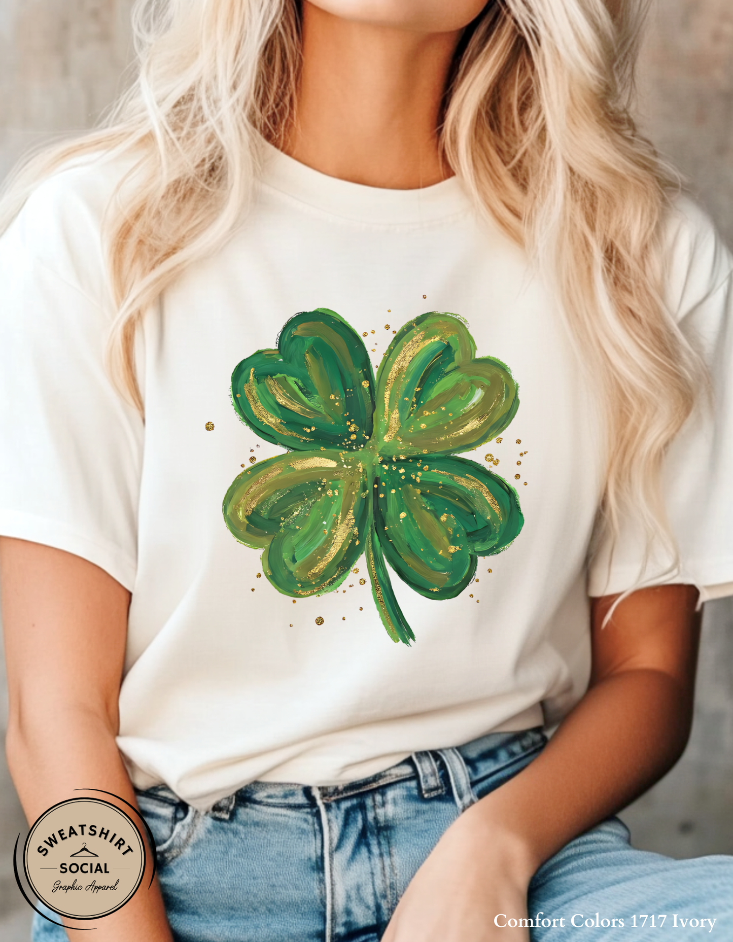 Gold Brushstroke Shamrock T-Shirt or Sweatshirt – Artistic St. Patrick’s Day Clover Graphic (Adult Sizes S–2XL)