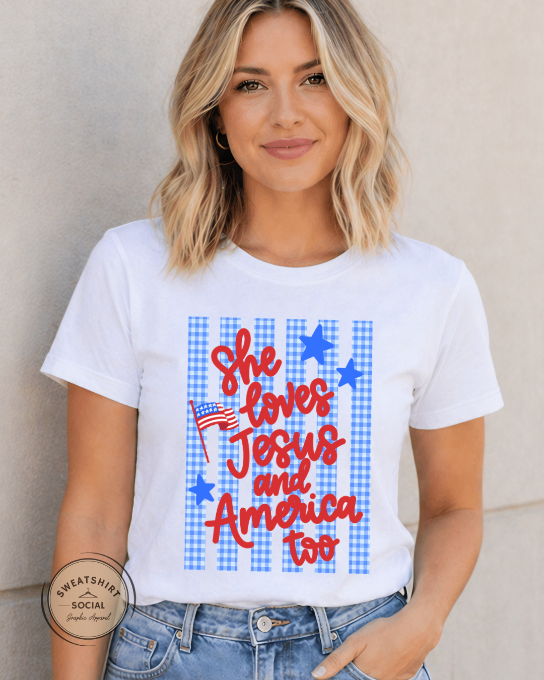 She Loves Jesus and America Too Patriotic Graphic Tee – Fourth of July Shirt, America Summer Tee for Women (Adult Sizes S–2XL)