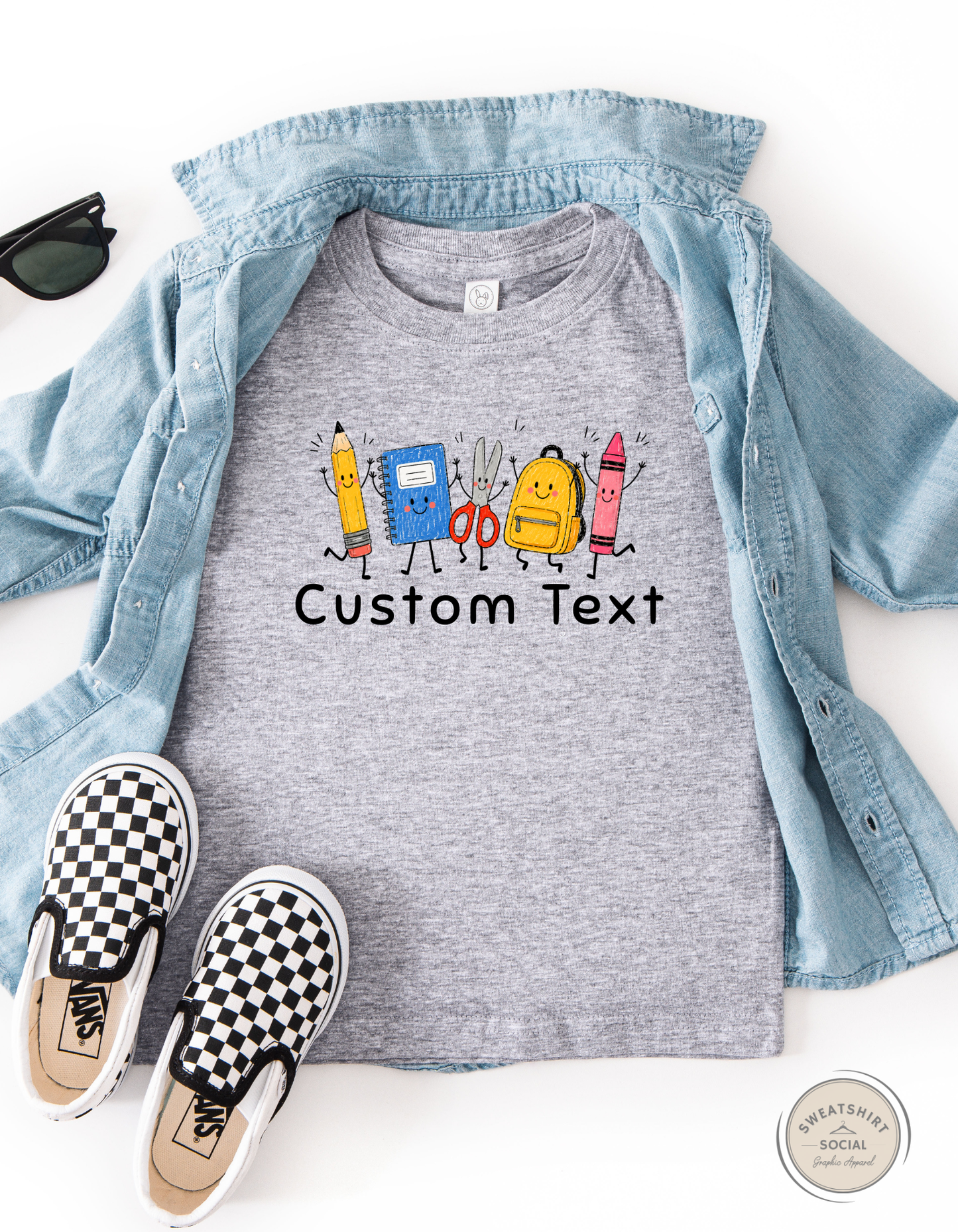 Custom School Supplies Kids Shirt – Personalized Back to School Tee with Your Text (Toddlers & Youth Sizes)