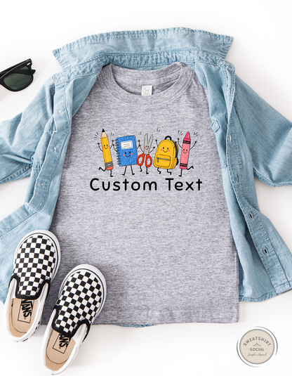 Custom School Supplies Kids Shirt – Personalized Back to School Tee with Your Text (Toddlers & Youth Sizes)