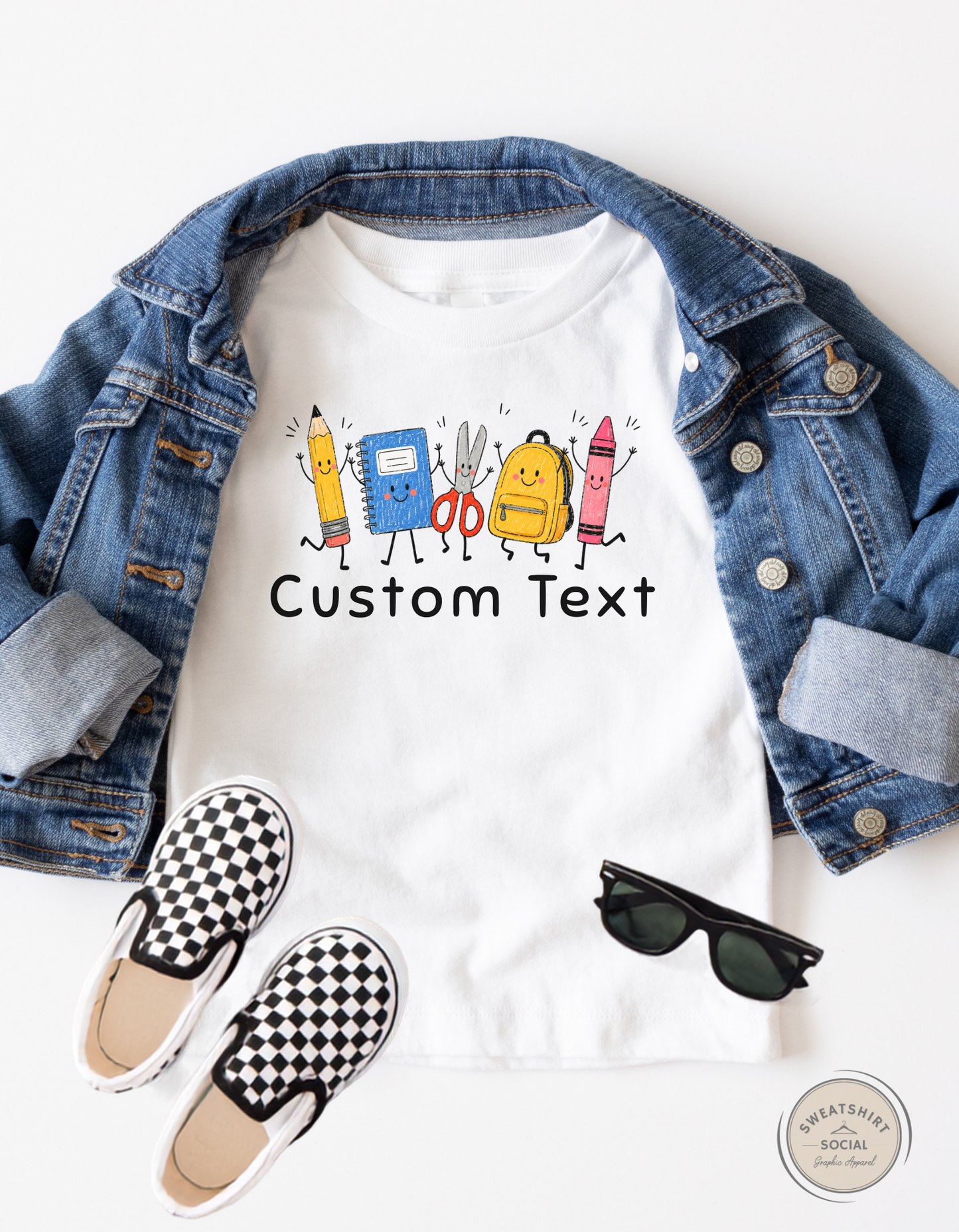 Custom School Supplies Kids Shirt – Personalized Back to School Tee with Your Text (Toddlers & Youth Sizes)
