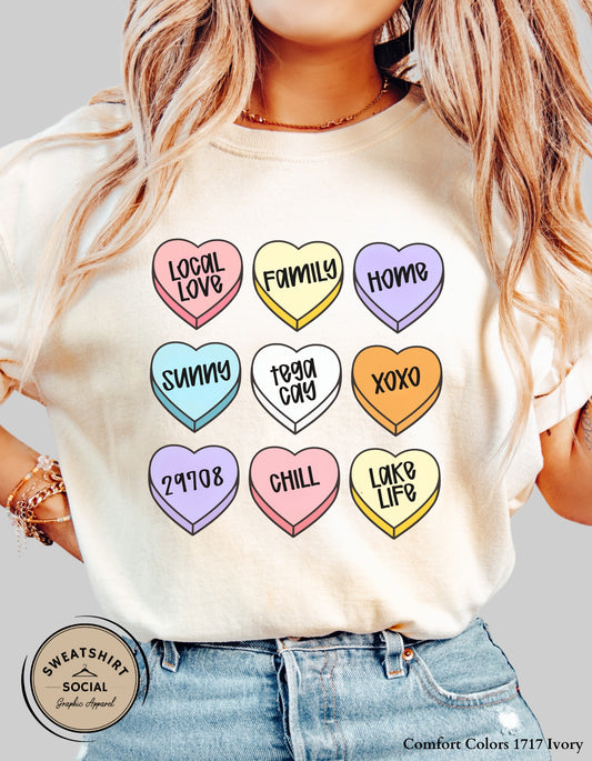 Tega Cay Valentine’s Day Candy Heart Shirt – Local Love Design (Adult Sizes S–2XL)