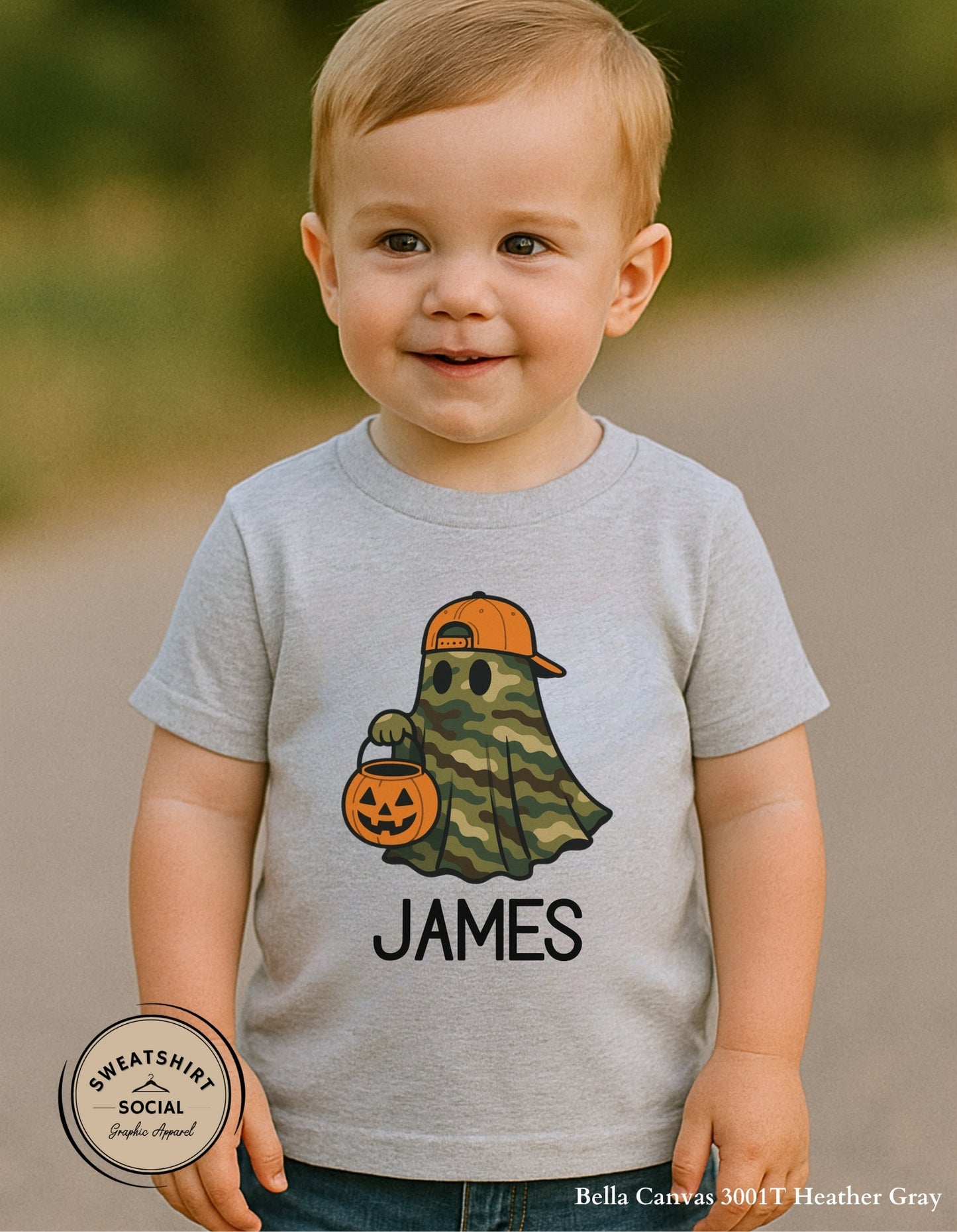 Kids Camo Ghost Halloween Shirt – Customizable Name (Trick-or-Treat Tee or sweatshirt)