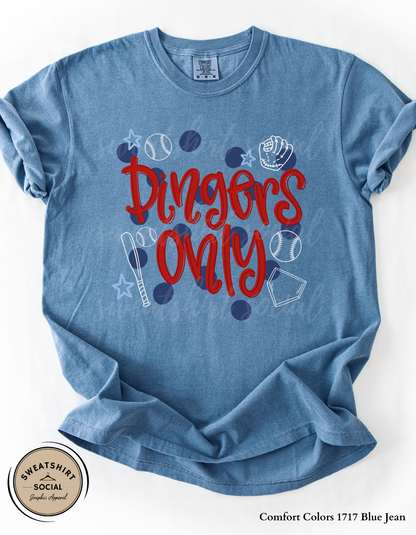 Dingers Only Baseball Shirt or Sweatshirt – Bold Game Day Graphic Tee for Baseball Moms & Fans (Adult Sizes S–2XL)
