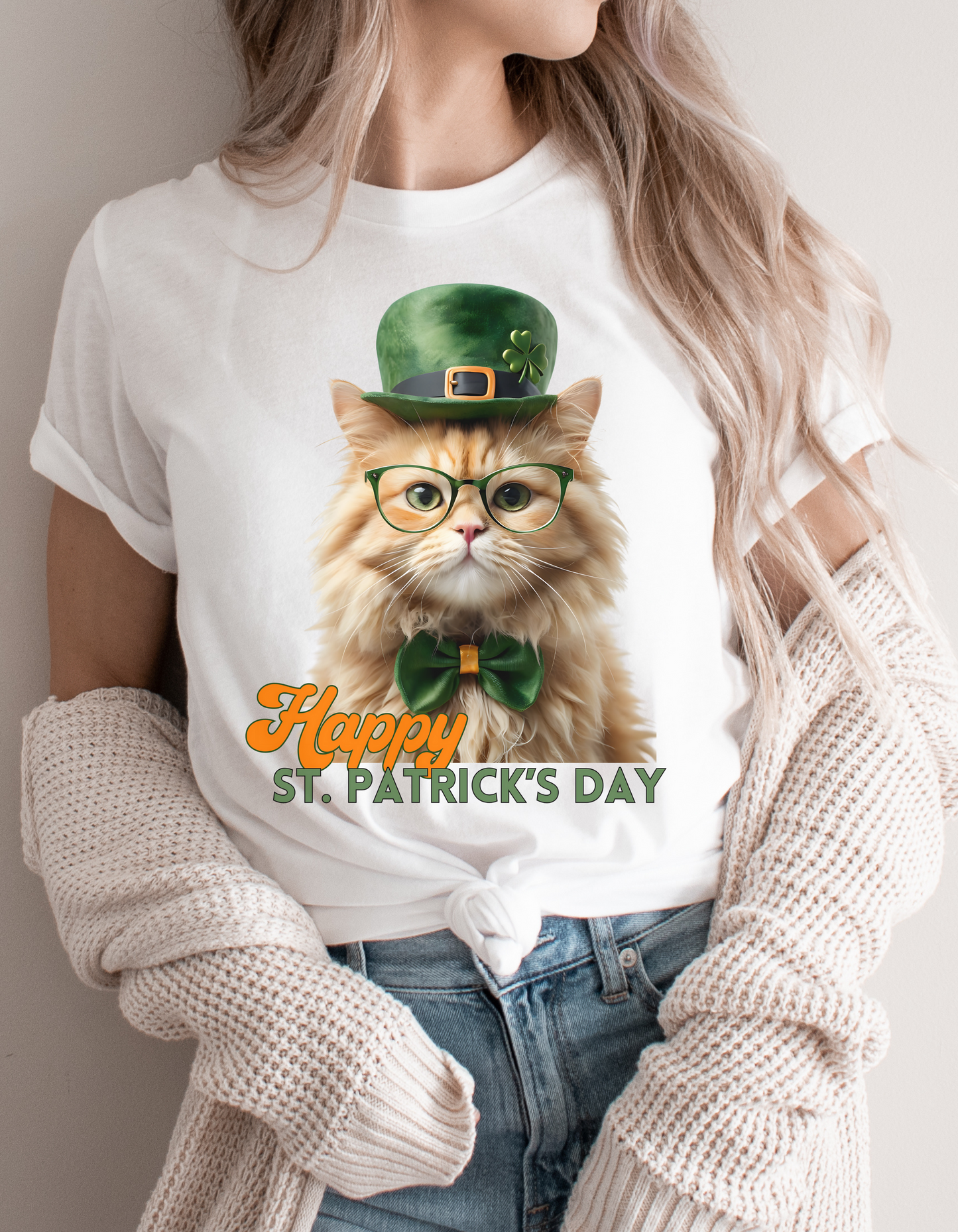 Funny St. Patrick’s Day cat shirt with leprechaun hat, shamrock, and bowtie. Cute Irish-themed t-shirt or sweatshirt for parades and parties.
