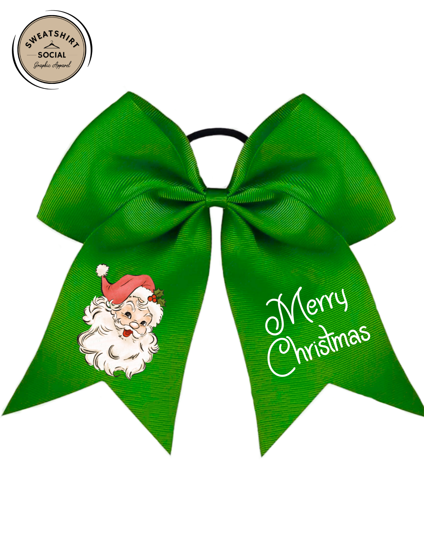Christmas Santa Hair Bow – Green, Red, or White (DTF Printed Grosgrain, 8" Wide)