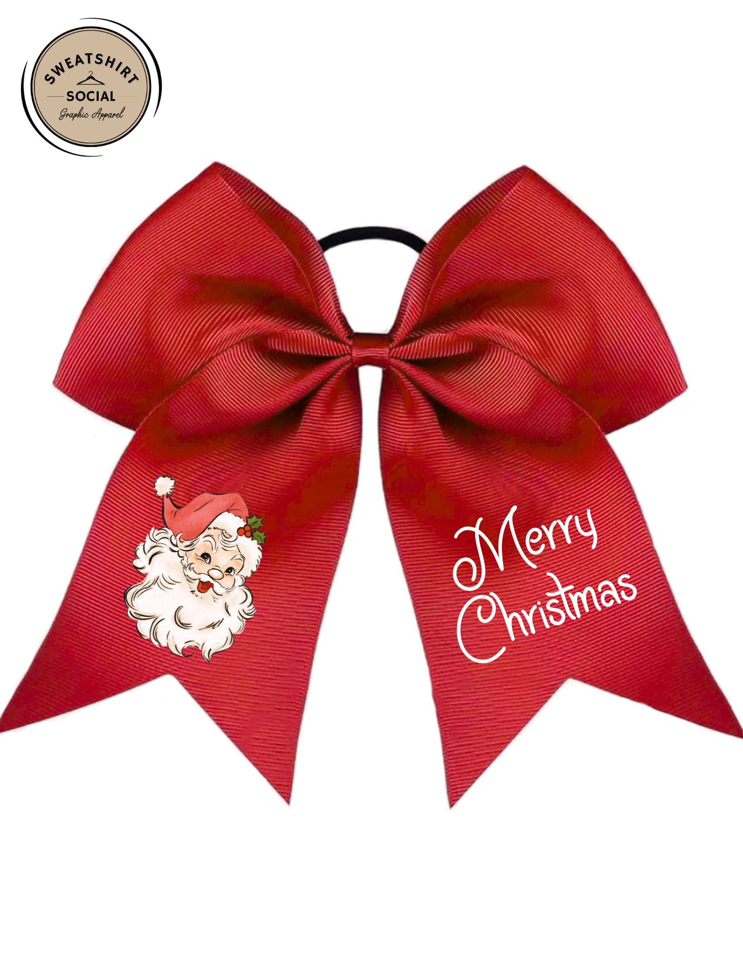 Christmas Santa Hair Bow – Green, Red, or White (DTF Printed Grosgrain, 8" Wide)