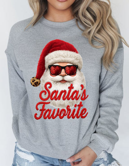 Santa’s Favorite T-Shirt or Sweatshirt – Faux Sequin Christmas Design (Adult Sizes S–2XL)