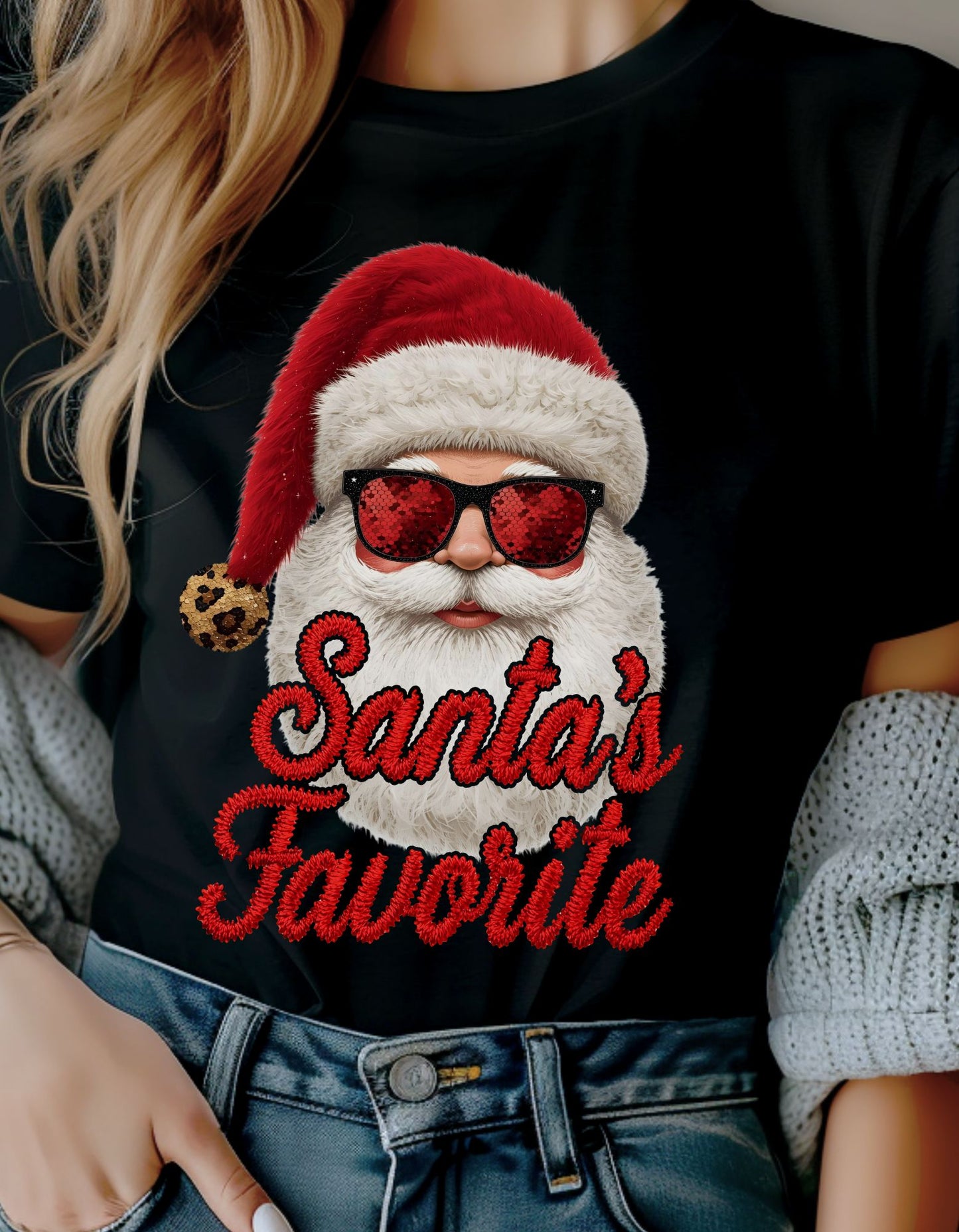 Santa’s Favorite T-Shirt or Sweatshirt – Faux Sequin Christmas Design (Adult Sizes S–2XL)