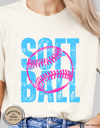 Softball Pink Stitch Graphic Shirt or Sweatshirt – Bright Blue Game Day Softball Tee (Adult Sizes S–2XL)