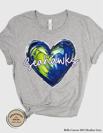 Seahawks Heart Spirit Shirt – Blue & Green Painted Love Design (Adult Sizes S–2XL)