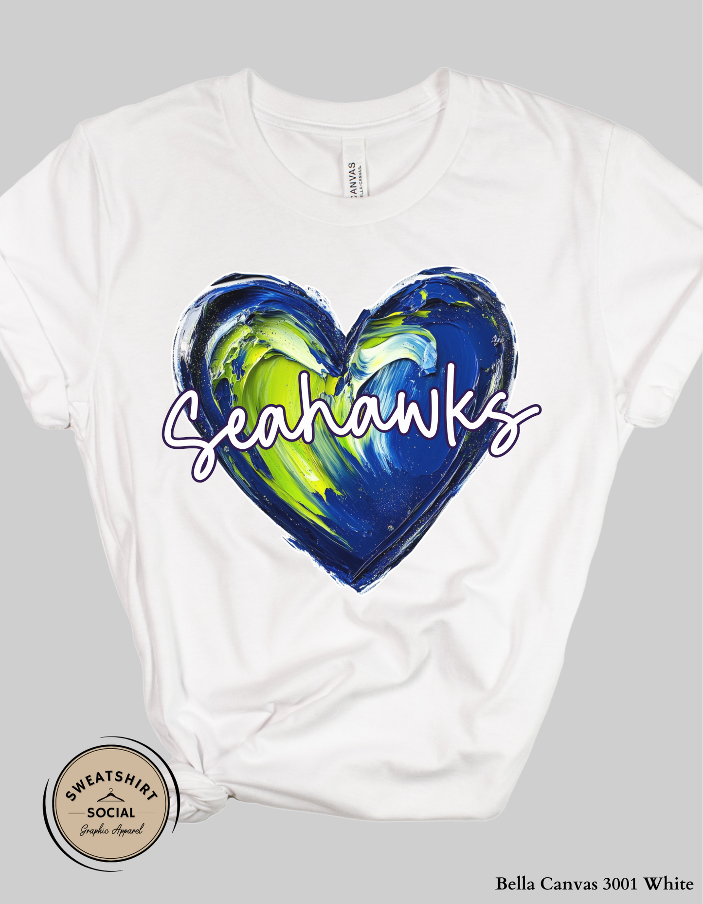 Seahawks Heart Spirit Shirt – Blue & Green Painted Love Design (Adult Sizes S–2XL)