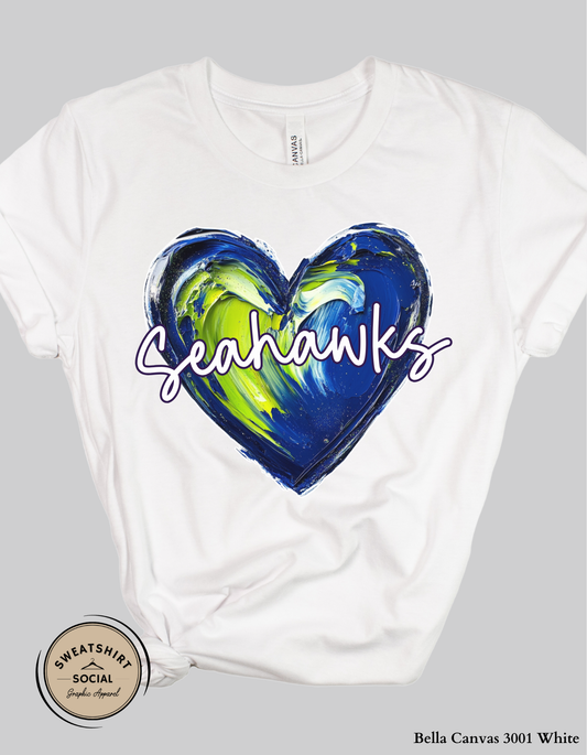 Seahawks Heart Spirit Shirt – Blue & Green Painted Love Design (Adult Sizes S–2XL)