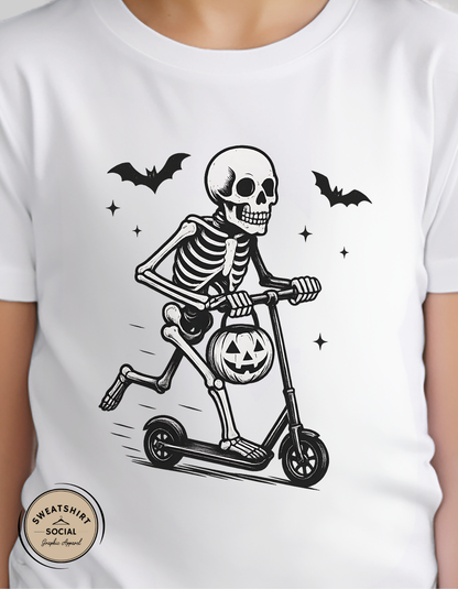 Kids Skeleton on Scooter Halloween Shirt – Spooky Trick-or-Treat Tee or Sweatshirt (Youth & Toddler Sizes)