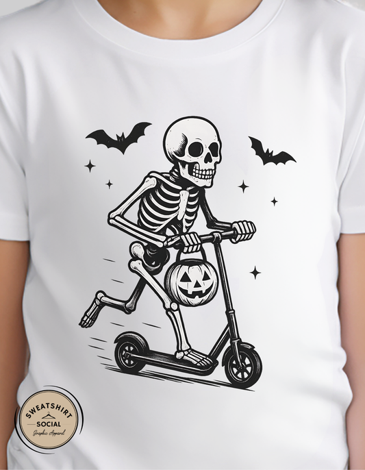 Kids Skeleton on Scooter Halloween Shirt – Spooky Trick-or-Treat Tee or Sweatshirt (Youth & Toddler Sizes)