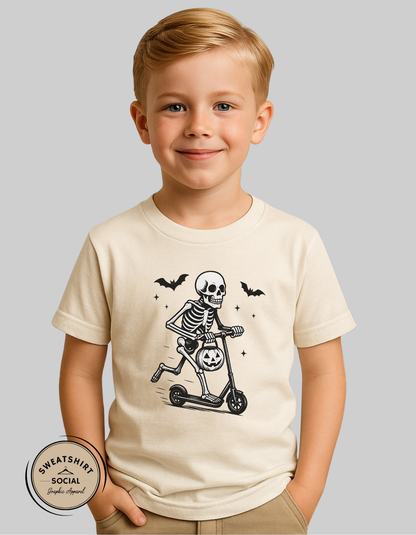 Kids Skeleton on Scooter Halloween Shirt – Spooky Trick-or-Treat Tee or Sweatshirt (Youth & Toddler Sizes)