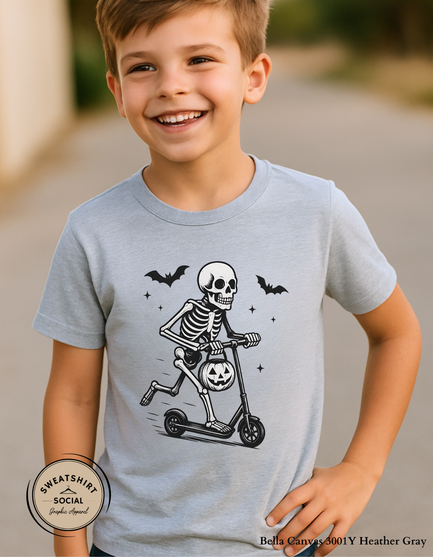 Kids Skeleton on Scooter Halloween Shirt – Spooky Trick-or-Treat Tee or Sweatshirt (Youth & Toddler Sizes)