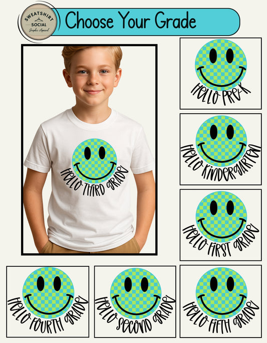 Green Checkerboard Smile Grade Shirt for Kids – Back to School Tee (Pre-K to 5th Grade)