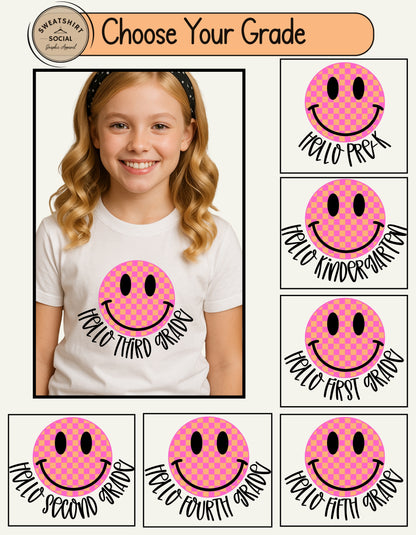 Pink Checkerboard Smile Grade Shirt for Kids – Back to School Tee (Pre-K to 5th Grade)