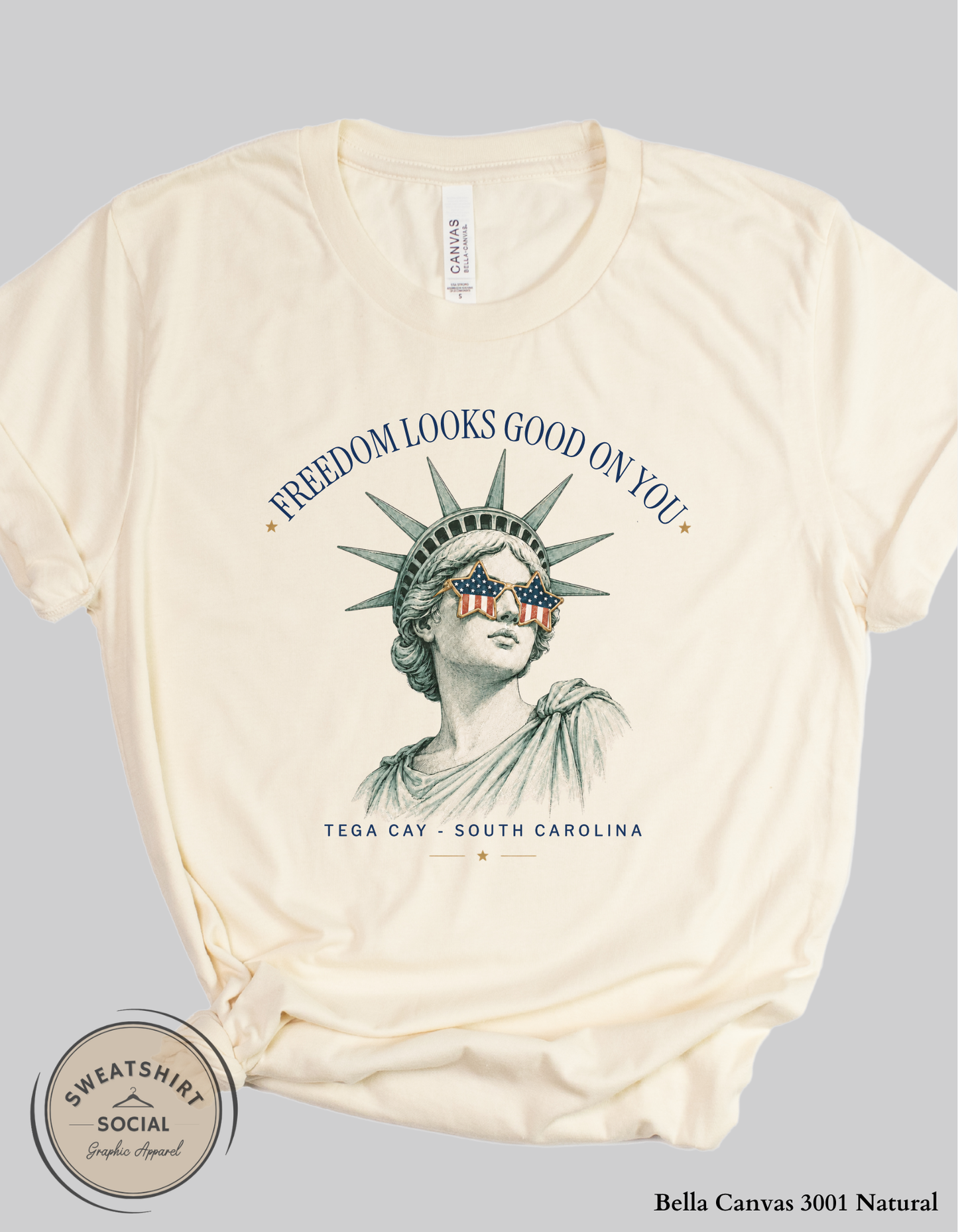 Freedom Looks Good On You – Tega Cay Patriotic Graphic Tee, Statue of Liberty Sunglasses Shirt, Fourth of July Americana Tee (Adult Sizes S–2XL)