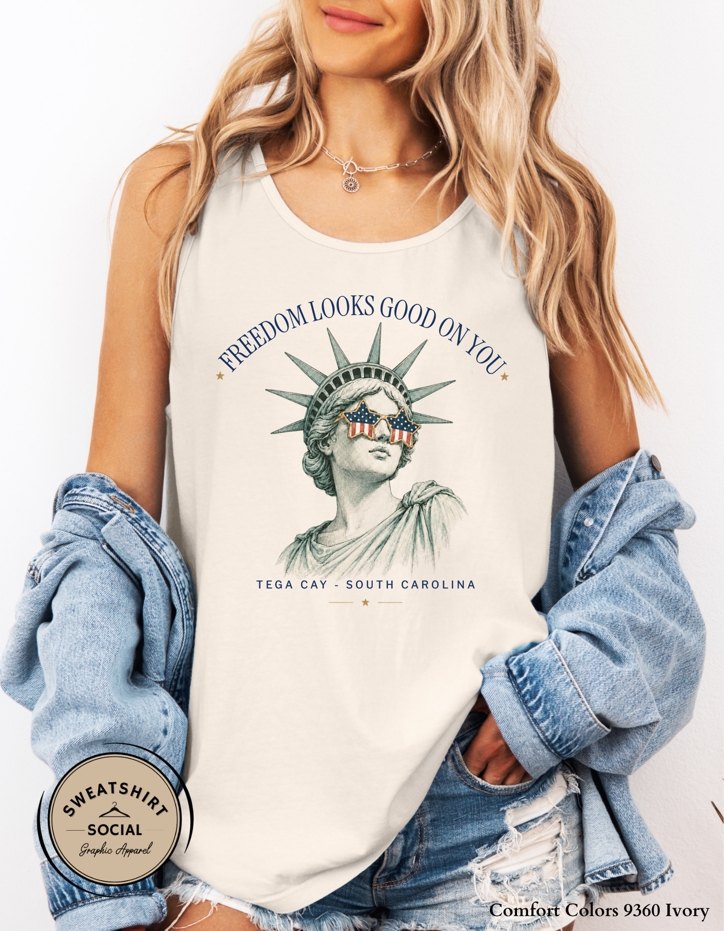 Freedom Looks Good On You – Tega Cay Patriotic Graphic Tee, Statue of Liberty Sunglasses Shirt, Fourth of July Americana Tee (Adult Sizes S–2XL)