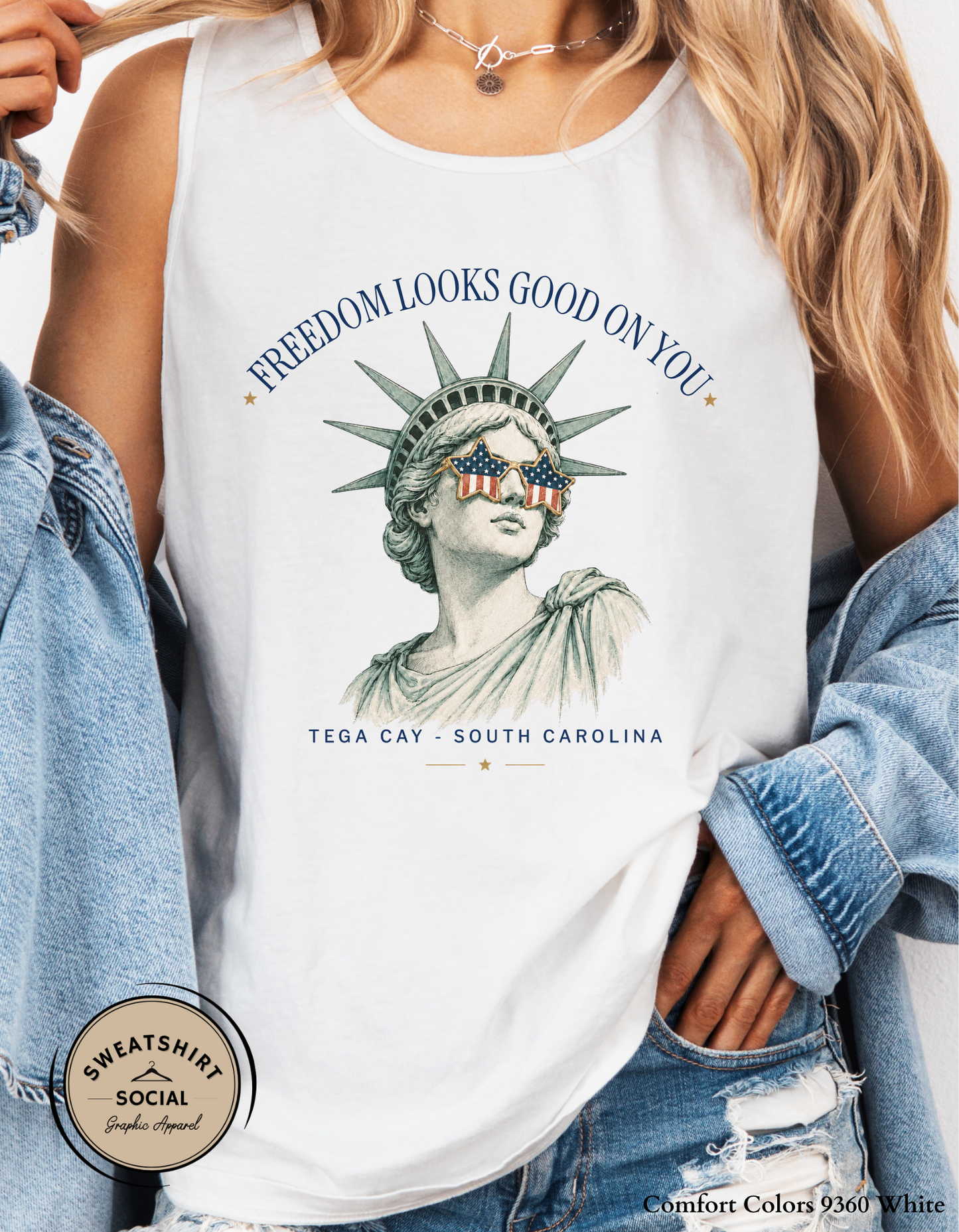 Freedom Looks Good On You – Tega Cay Patriotic Graphic Tee, Statue of Liberty Sunglasses Shirt, Fourth of July Americana Tee (Adult Sizes S–2XL)